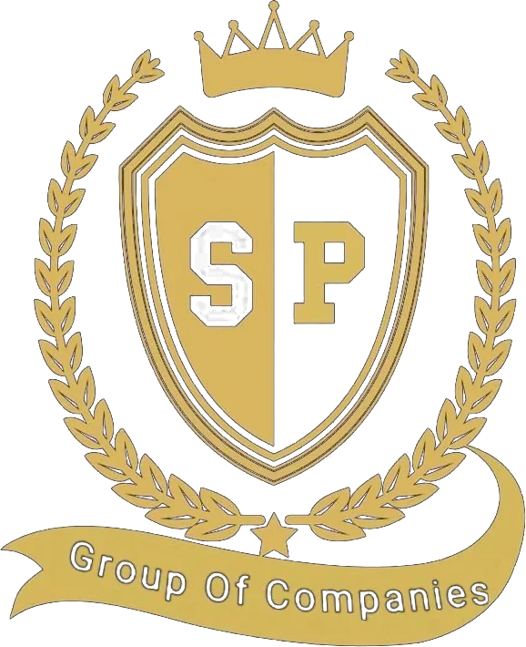 The SP Group of Companies crest: a crown, a laurel wreath and a shield bearing the letters SP